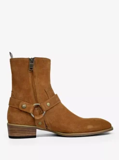 Suede Ankle Boots For Men Round Toe Buckle Detail Chunky Heel Casual Boots