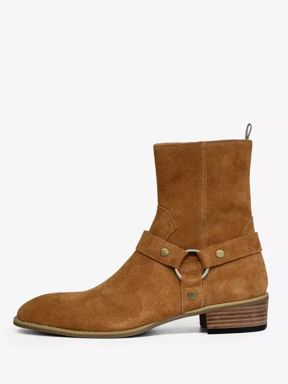Suede Ankle Boots For Men Round Toe Buckle Detail Chunky Heel Casual Boots