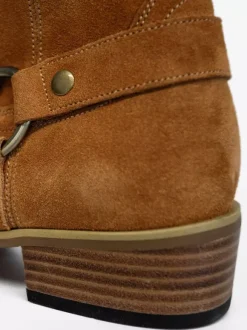 Suede Ankle Boots For Men Round Toe Buckle Detail Chunky Heel Casual Boots