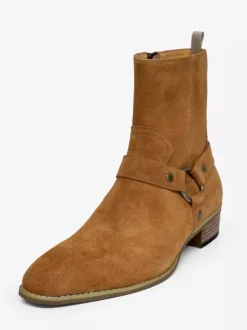 Suede Ankle Boots For Men Round Toe Buckle Detail Chunky Heel Casual Boots