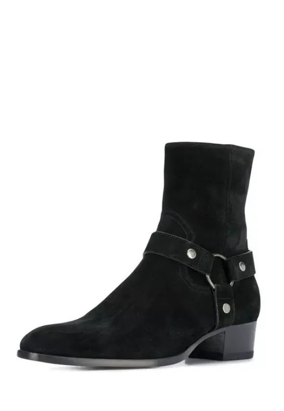Suede Ankle Boots For Men Round Toe Buckle Detail Chunky Heel Casual Boots