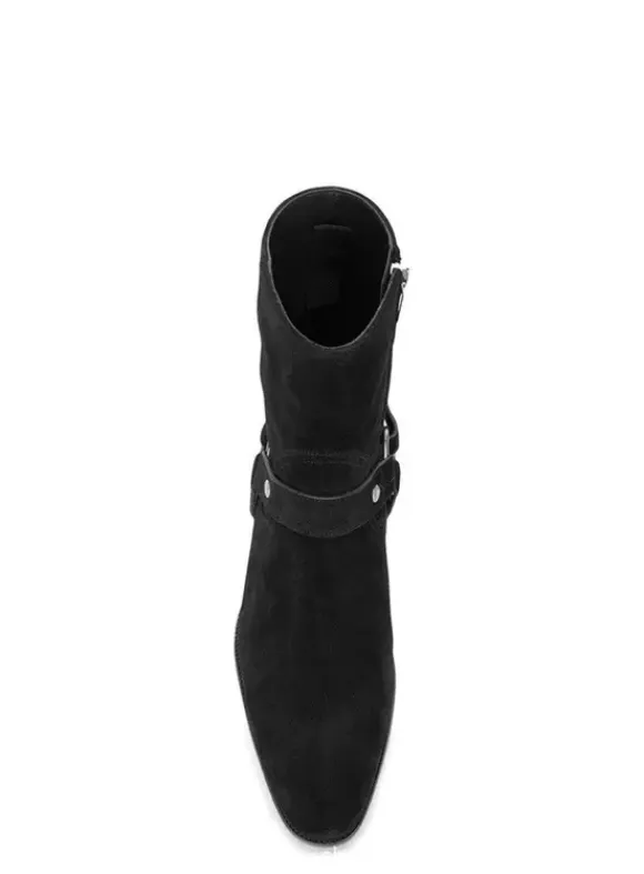 Suede Ankle Boots For Men Round Toe Buckle Detail Chunky Heel Casual Boots