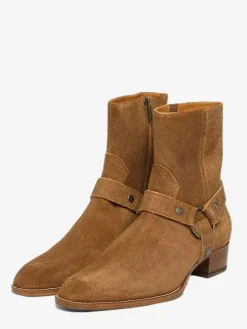 Suede Ankle Boots For Men Round Toe Buckle Detail Chunky Heel Casual Boots