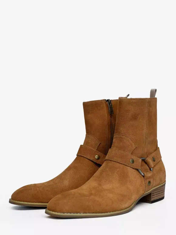 Suede Ankle Boots For Men Round Toe Buckle Detail Chunky Heel Casual Boots