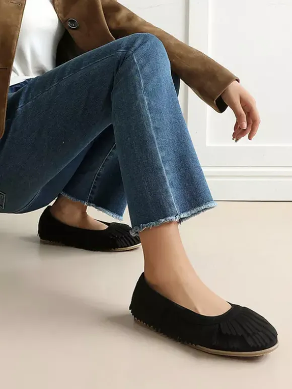 Suede Ballet Flats Brown Round Toe Slip On Flat Shoes With Tassels