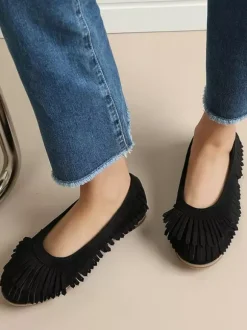 Suede Ballet Flats Brown Round Toe Slip On Flat Shoes With Tassels