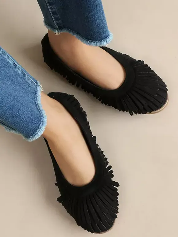 Suede Ballet Flats Brown Round Toe Slip On Flat Shoes With Tassels