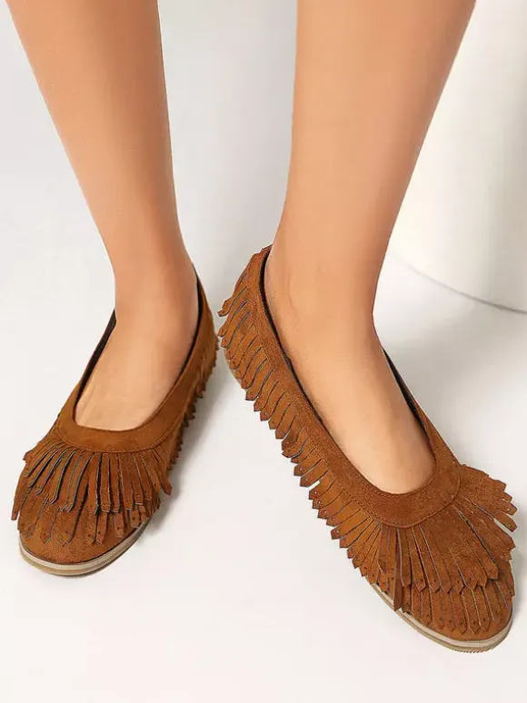 Suede Ballet Flats Brown Round Toe Slip On Flat Shoes With Tassels