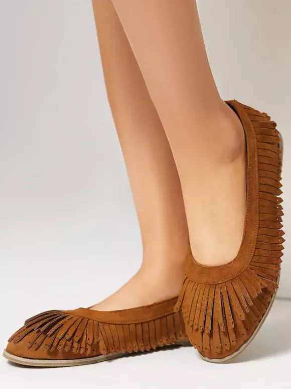 Suede Ballet Flats Brown Round Toe Slip On Flat Shoes With Tassels