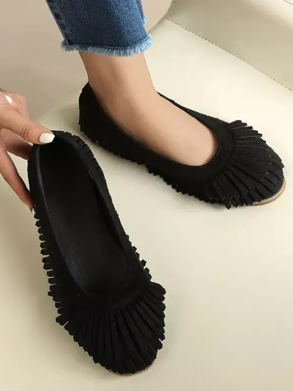 Suede Ballet Flats Brown Round Toe Slip On Flat Shoes With Tassels
