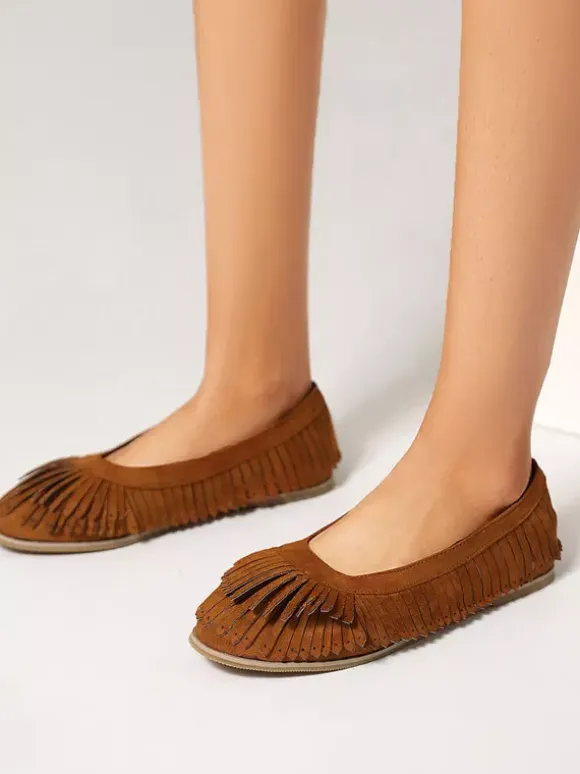 Suede Ballet Flats Brown Round Toe Slip On Flat Shoes With Tassels