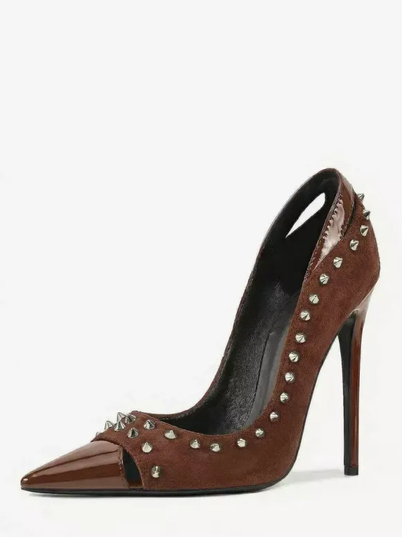 Suede High Heel Pumps Women's Pointed Toe Rivets Slip On Shoes