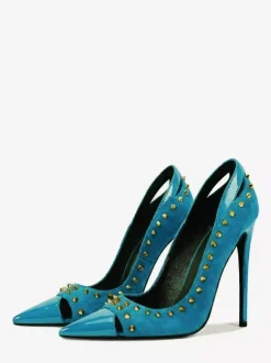 Suede High Heel Pumps Women's Pointed Toe Rivets Slip On Shoes