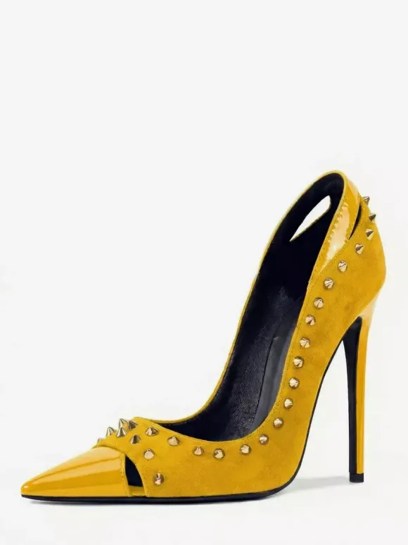 Suede High Heel Pumps Women's Pointed Toe Rivets Slip On Shoes
