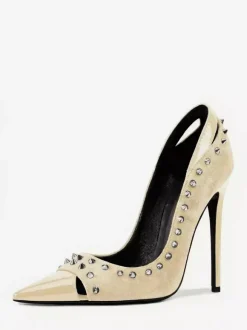 Suede High Heel Pumps Women's Pointed Toe Rivets Slip On Shoes