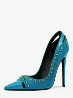 Suede High Heel Pumps Women's Pointed Toe Rivets Slip On Shoes