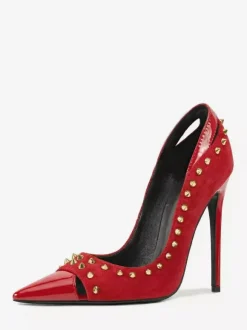 Suede High Heel Pumps Women's Pointed Toe Rivets Slip On Shoes