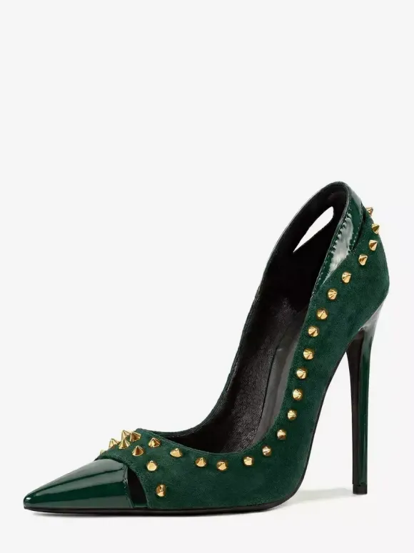 Suede High Heel Pumps Women's Pointed Toe Rivets Slip On Shoes