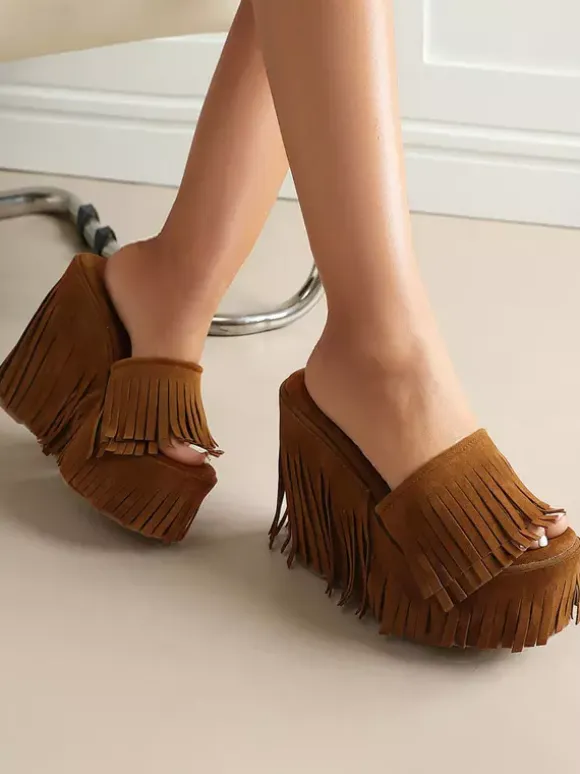 Suede Wedge Heels Women's Platform Open Toe Sandal Shoes With Tassels