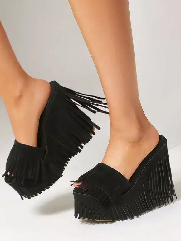 Suede Wedge Heels Women's Platform Open Toe Sandal Shoes With Tassels