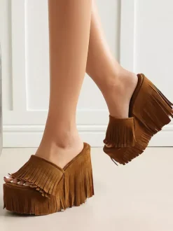 Suede Wedge Heels Women's Platform Open Toe Sandal Shoes With Tassels