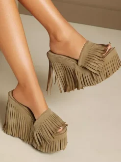 Suede Wedge Heels Women's Platform Open Toe Sandal Shoes With Tassels
