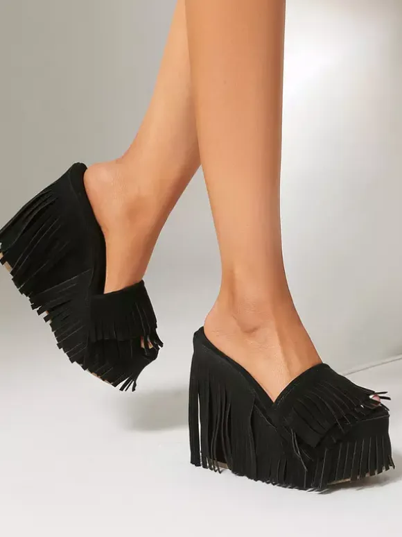 Suede Wedge Heels Women's Platform Open Toe Sandal Shoes With Tassels