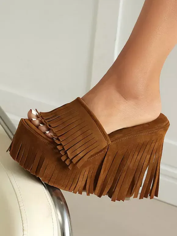 Suede Wedge Heels Women's Platform Open Toe Sandal Shoes With Tassels