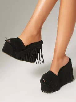 Suede Wedge Heels Women's Platform Open Toe Sandal Shoes With Tassels