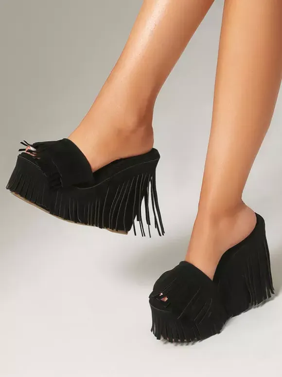 Suede Wedge Heels Women's Platform Open Toe Sandal Shoes With Tassels