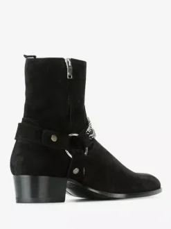 Suede Ankle Boots Black Men's Chain Detail Chunky Heel Western Boots
