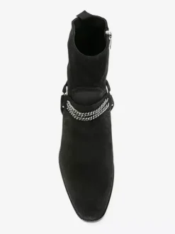 Suede Ankle Boots Black Men's Chain Detail Chunky Heel Western Boots