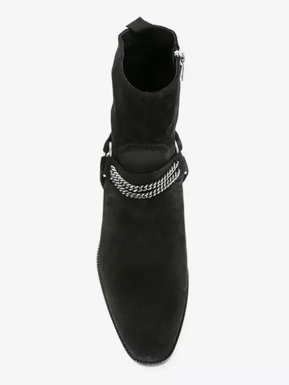 Suede Ankle Boots Black Men's Chain Detail Chunky Heel Western Boots