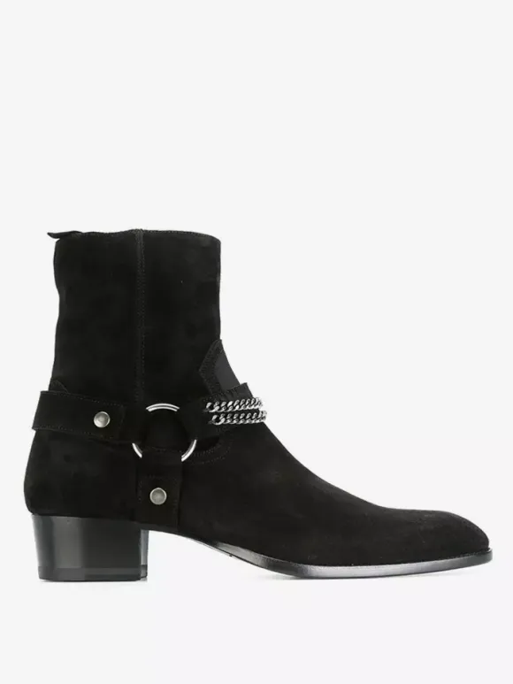 Suede Ankle Boots Black Men's Chain Detail Chunky Heel Western Boots