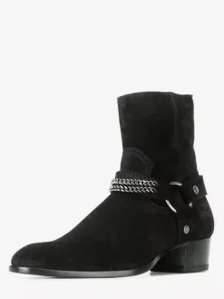 Suede Ankle Boots Black Men's Chain Detail Chunky Heel Western Boots