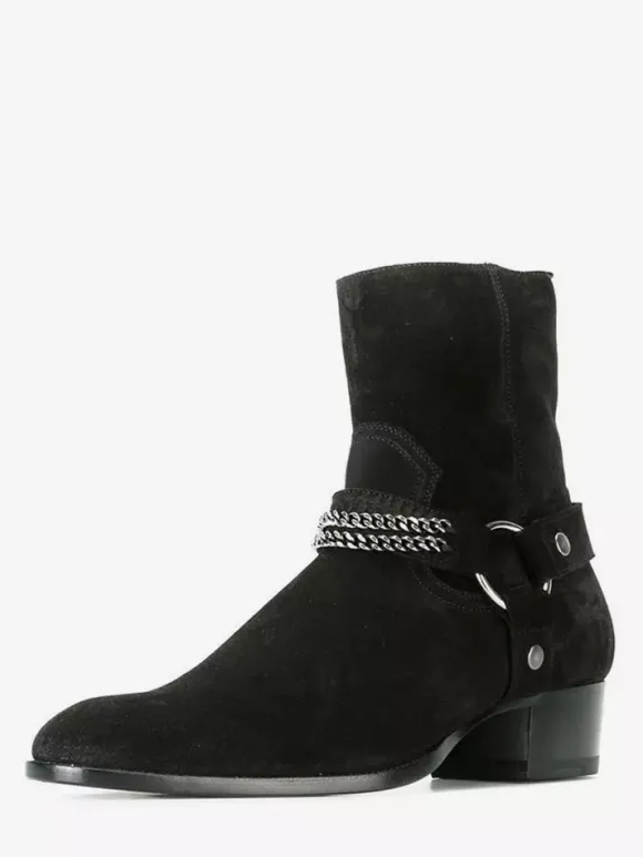 Suede Ankle Boots Black Men's Chain Detail Chunky Heel Western Boots