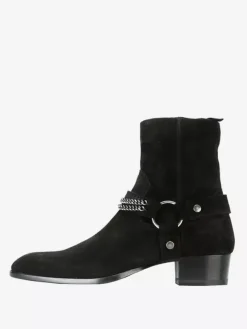 Suede Ankle Boots Black Men's Chain Detail Chunky Heel Western Boots