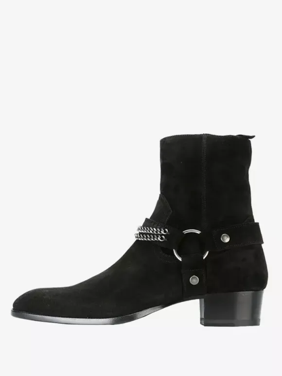 Suede Ankle Boots Black Men's Chain Detail Chunky Heel Western Boots