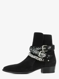 Suede Ankle Boots Men's Round Toe Chain Detail Chunky Heel Boots