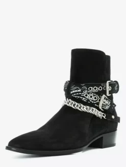 Suede Ankle Boots Men's Round Toe Chain Detail Chunky Heel Boots