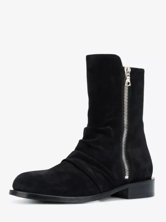 Suede Ankle Boots Men's Round Toe Zip Up Booties