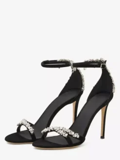 Suede Black High Heel Sandals Open Toe Rhinestones Stiletto Heel Party Shoes