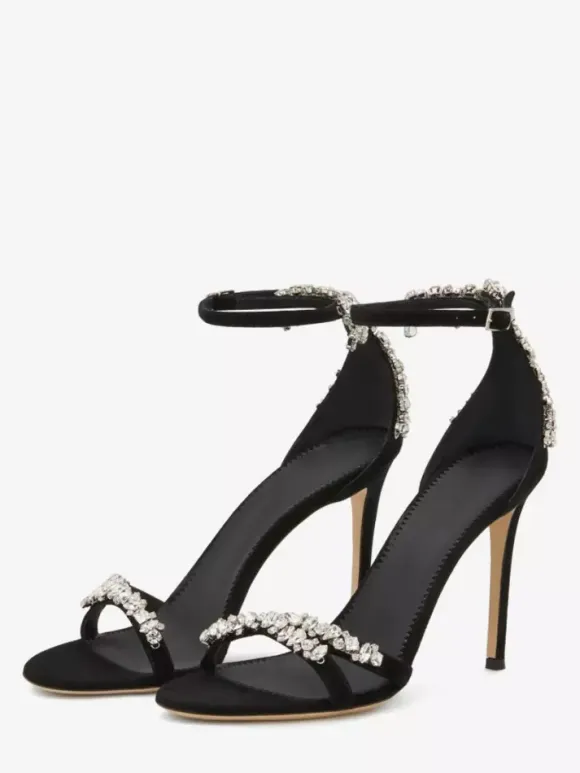 Suede Black High Heel Sandals Open Toe Rhinestones Stiletto Heel Party Shoes