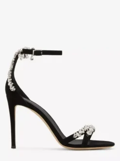 Suede Black High Heel Sandals Open Toe Rhinestones Stiletto Heel Party Shoes