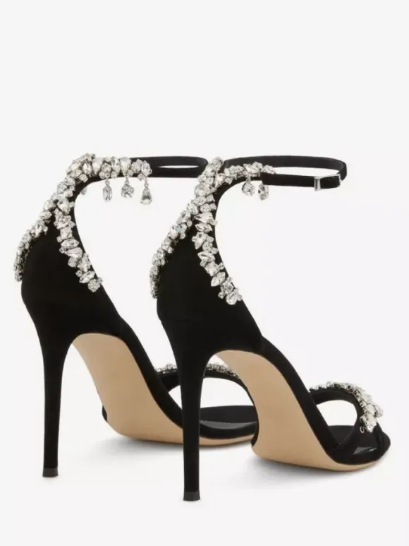 Suede Black High Heel Sandals Open Toe Rhinestones Stiletto Heel Party Shoes