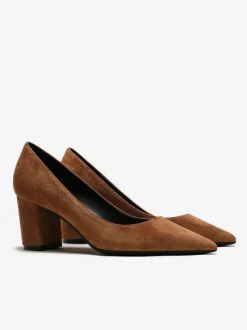 Suede Block Heel Pumps Brown Pointed Toe Slip On Heels