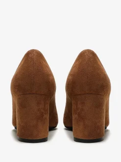 Suede Block Heel Pumps Brown Pointed Toe Slip On Heels