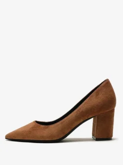 Suede Block Heel Pumps Brown Pointed Toe Slip On Heels
