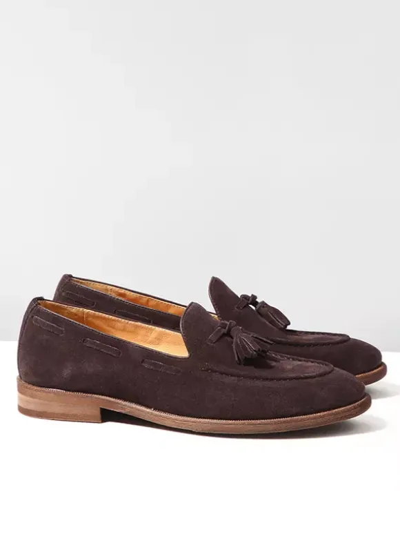 Suede Boat Loafers For Men Round Toe Slip On Casual Shoes With Tassels