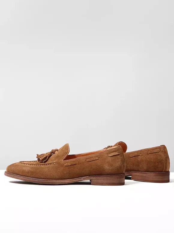 Suede Boat Loafers For Men Round Toe Slip On Casual Shoes With Tassels